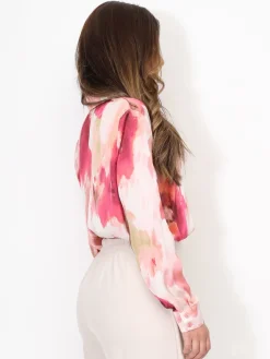 Outlet La Modeuse Chemise satinée à motif aquarelle abstrait RoseBonbon