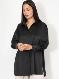 Best La Modeuse Chemise satinée oversize à fentes Noir