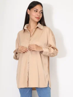 Clearance La Modeuse Chemise satinée oversize à fentes Champagne