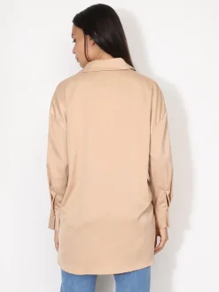 Clearance La Modeuse Chemise satinée oversize à fentes Champagne