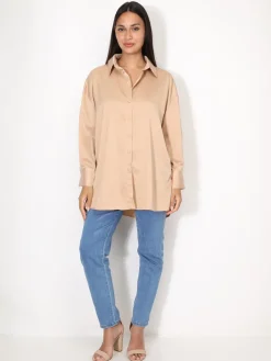 Clearance La Modeuse Chemise satinée oversize à fentes Champagne