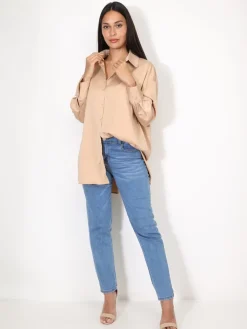 Clearance La Modeuse Chemise satinée oversize à fentes Champagne