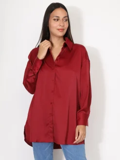 Clearance La Modeuse Chemise satinée oversize à fentes Bordeaux