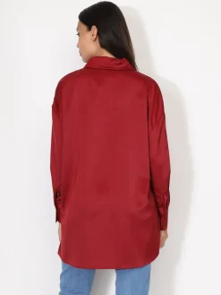 Clearance La Modeuse Chemise satinée oversize à fentes Bordeaux