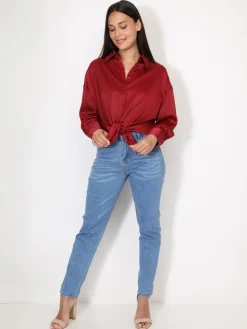Clearance La Modeuse Chemise satinée oversize à fentes Bordeaux