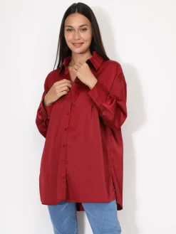 Clearance La Modeuse Chemise satinée oversize à fentes Bordeaux