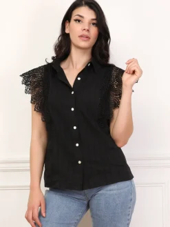 Hot La Modeuse Chemise texturée à détail crochet Noir