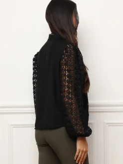 Online La Modeuse Chemisier à col montant et dentelle guipure Noir