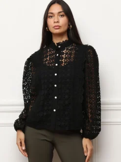 Online La Modeuse Chemisier à col montant et dentelle guipure Noir