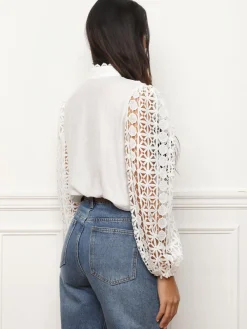 Sale La Modeuse Chemisier à col montant et dentelle guipure Blanc