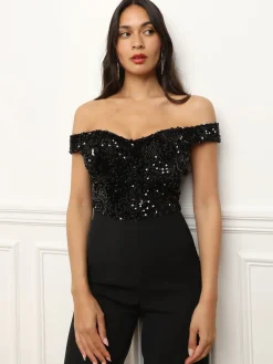 Sale La Modeuse Combinaison à col bardot et sequins Noir