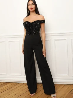Sale La Modeuse Combinaison à col bardot et sequins Noir