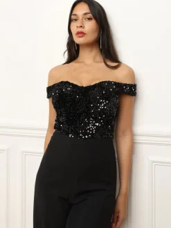 Sale La Modeuse Combinaison à col bardot et sequins Noir