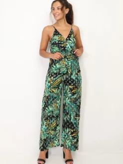 Hot La Modeuse Combinaison à motif tropical et détails dorés Noir