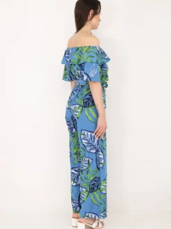 New La Modeuse Combinaison à volants et imprimé tropical Bleu