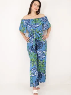 New La Modeuse Combinaison à volants et imprimé tropical Bleu