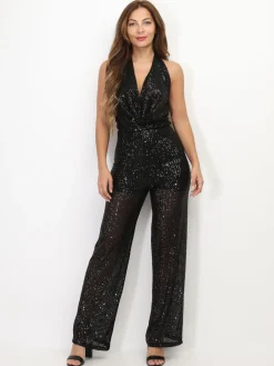 Online La Modeuse Combinaison ajourée à col bénitier et sequins Noir