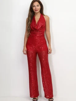 Clearance La Modeuse Combinaison ajourée à col bénitier et sequins Rouge