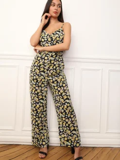 La Modeuse Combinaison boutonnée à fleurs Noir
