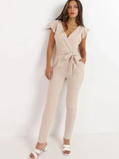 Outlet La Modeuse Combinaison ceinturée à volants Beige