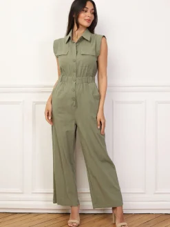 Online La Modeuse Combinaison effet lin à boutons Vert