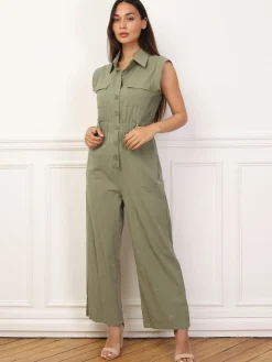Online La Modeuse Combinaison effet lin à boutons Vert