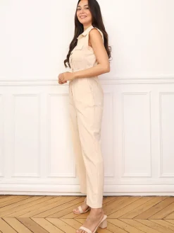 New La Modeuse Combinaison effet lin à boutons Beige