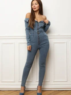 Clearance La Modeuse Combinaison en jean à col bardot Bleu