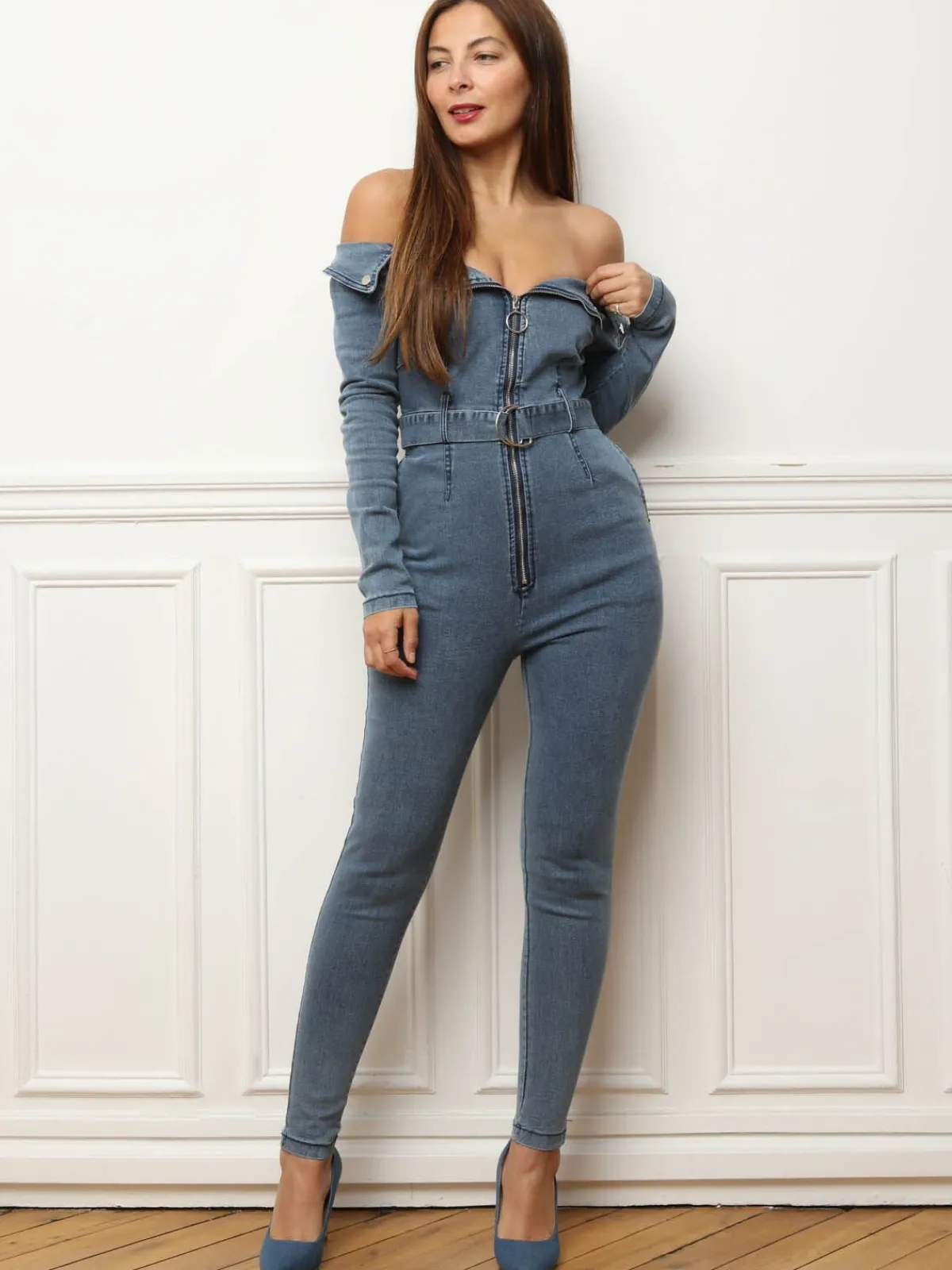 Clearance La Modeuse Combinaison en jean à col bardot Bleu