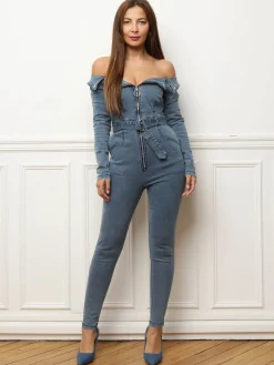 Clearance La Modeuse Combinaison en jean à col bardot Bleu