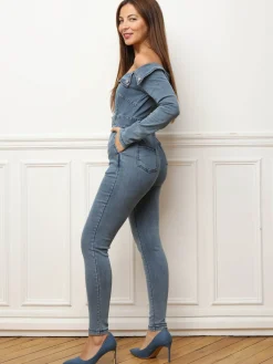 Clearance La Modeuse Combinaison en jean à col bardot Bleu