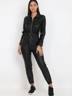 Outlet La Modeuse Combinaison en simili avec ceinture utilitaire Noir