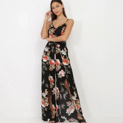 Best La Modeuse Combinaison fluide fendue à motif floral Noir