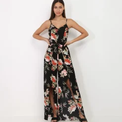Best La Modeuse Combinaison fluide fendue à motif floral Noir