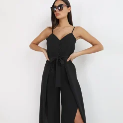 Online La Modeuse Combinaison fluide fendue avec ceinture Noir
