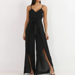 Online La Modeuse Combinaison fluide fendue avec ceinture Noir