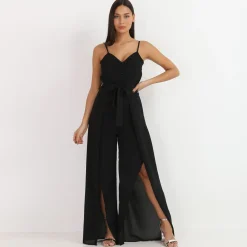 Online La Modeuse Combinaison fluide fendue avec ceinture Noir