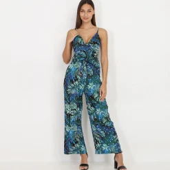 Outlet La Modeuse Combinaison pantalon à imprimé feuilles Noir