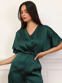 Clearance La Modeuse Combinaison satinée à effet portefeuille Vertfoncé