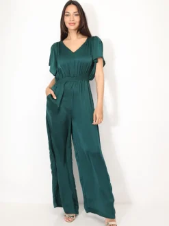 Discount La Modeuse Combinaison satinée à manches volants Vertfoncé