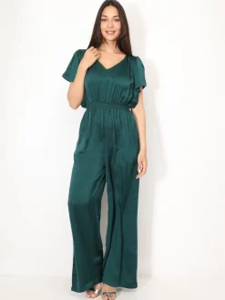 Discount La Modeuse Combinaison satinée à manches volants Vertfoncé