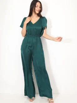 Discount La Modeuse Combinaison satinée à manches volants Vertfoncé