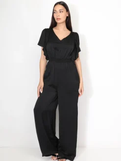 Outlet La Modeuse Combinaison satinée à manches volants Noir