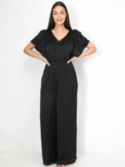 Outlet La Modeuse Combinaison satinée à manches volants Noir