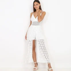 Outlet La Modeuse Combi-short avec jupe longue fendue en dentelle Blanc