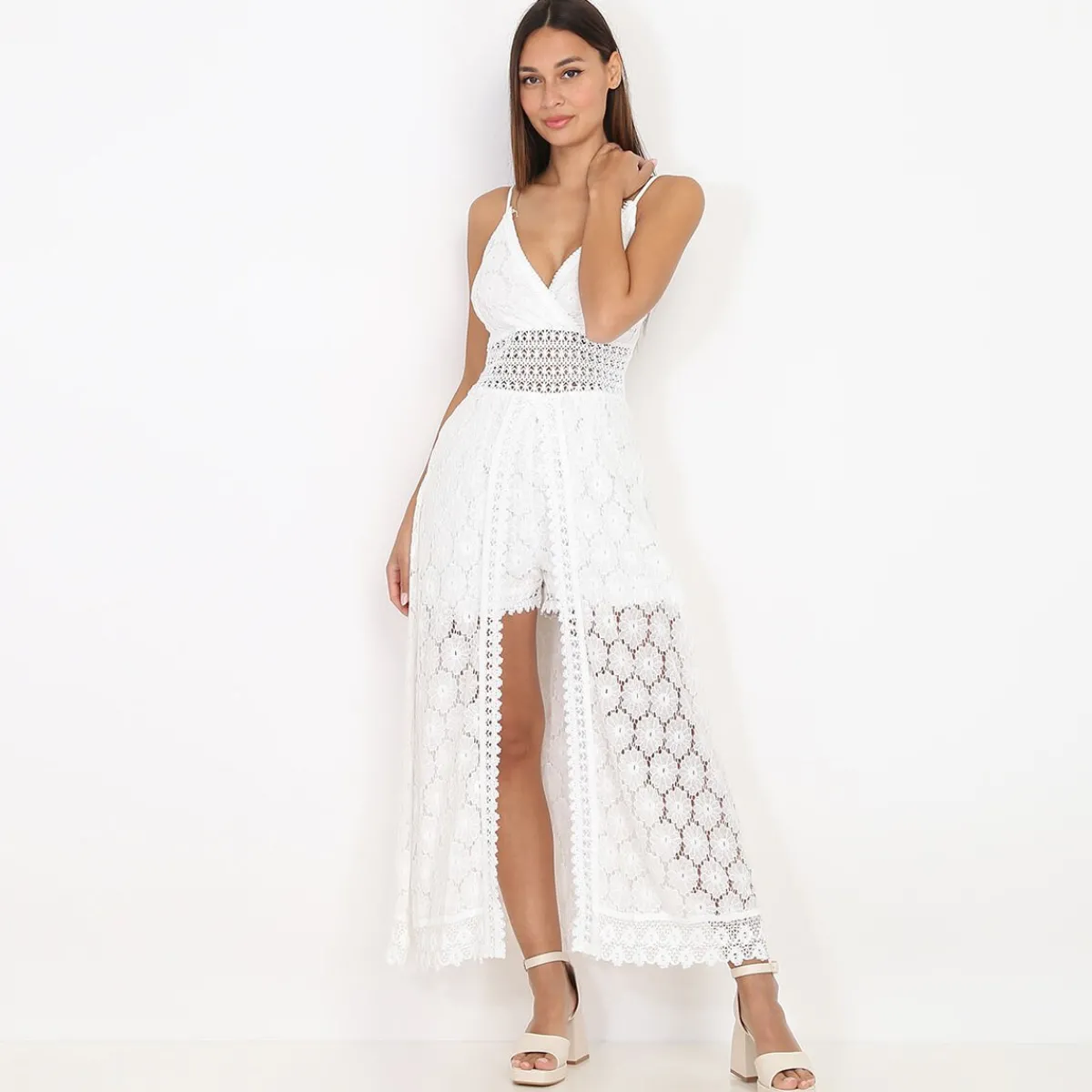 Outlet La Modeuse Combi-short avec jupe longue fendue en dentelle Blanc