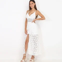 Outlet La Modeuse Combi-short avec jupe longue fendue en dentelle Blanc