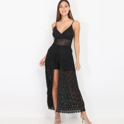 Outlet La Modeuse Combi-short avec jupe longue fendue en dentelle Noir