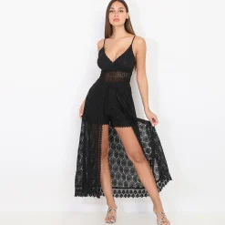 Outlet La Modeuse Combi-short avec jupe longue fendue en dentelle Noir