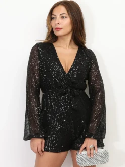 La Modeuse Combi-short cache-c艙ur à sequins Noir